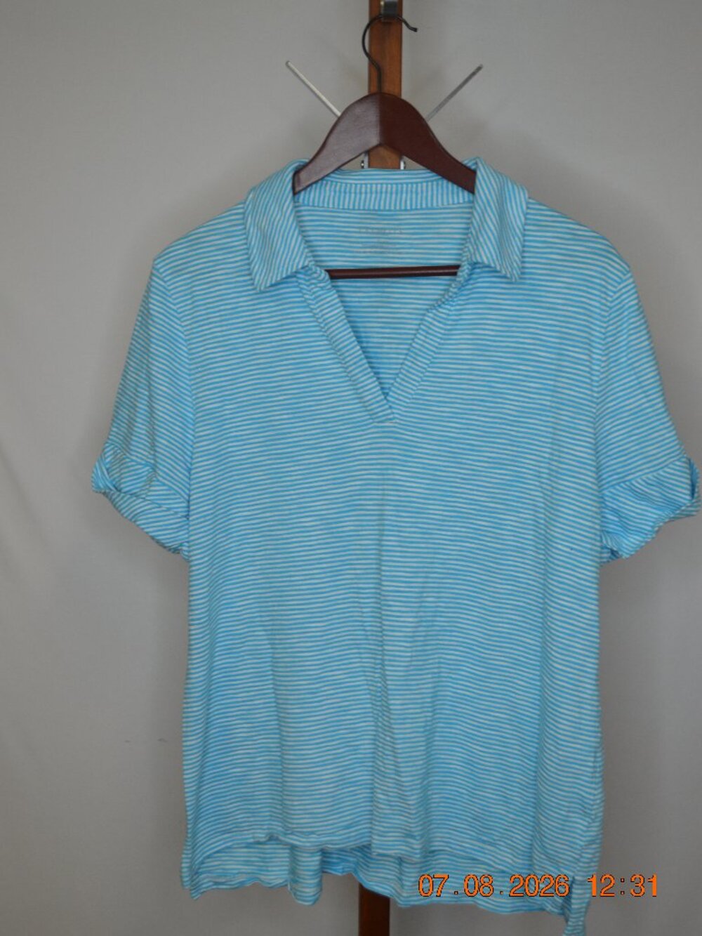 Talbots Women's XL Blue Stripe Collared V-Neck Short Sleeve Top
